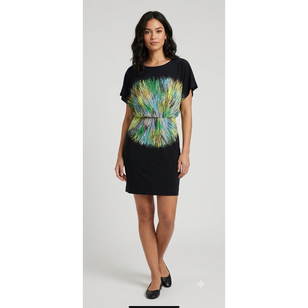 Maggy London Abstract Knit Sheath Dress 6 Round Neck Flutter Sleeve Stretch arts